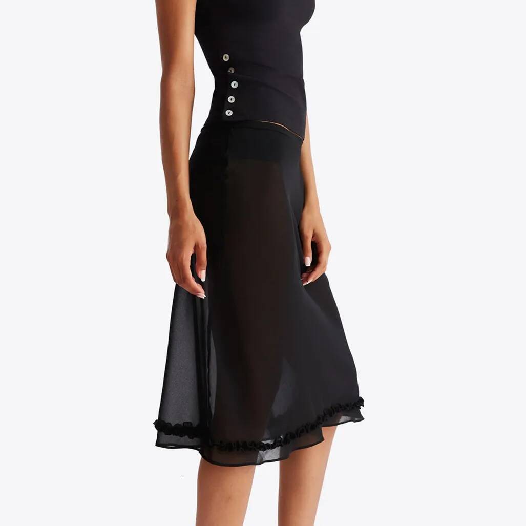 Y2k Fairy Coquette Skirts Dress Women's Midi See Through Low Rise Ruffled Hem Dot Pattern White Black Mesh Sheer Skirt dongdumaoyi