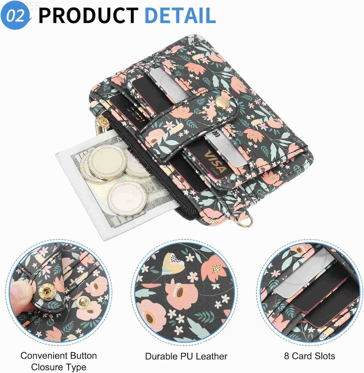 Small Credit Card Wallet with Keychain Wristlet Beads Ring PU Leather Card Holder 8 Card Slots 1 ID Window 1 Zipper Pocket Flower PrintW250911
