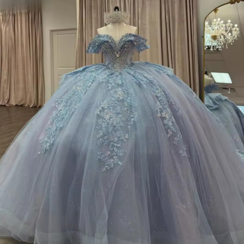 Light Blue Quinceanera Dresses Ball Gown Off The Shoulder Applique Lace Beading Crystal Bow Tull Party Birthday Sweet 16 Dress Vestidos 15 De Anos