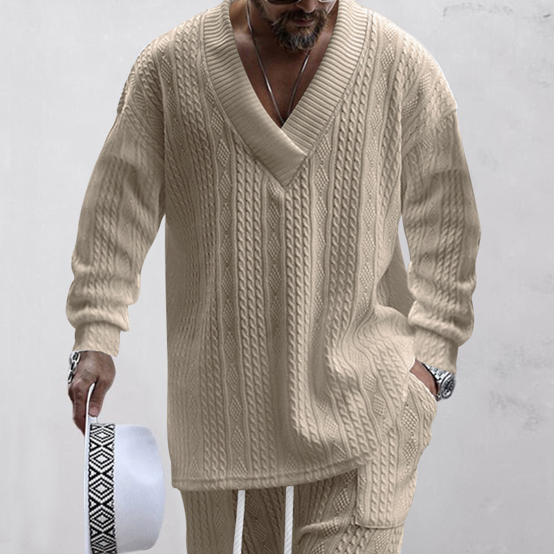 Mens tracksuit Autumn Winter Men's Sweater Casual pants V-neck jacquard knit Casual Pants Two-piece Set Mens Clothes fJumpers+pants For Men EU Si