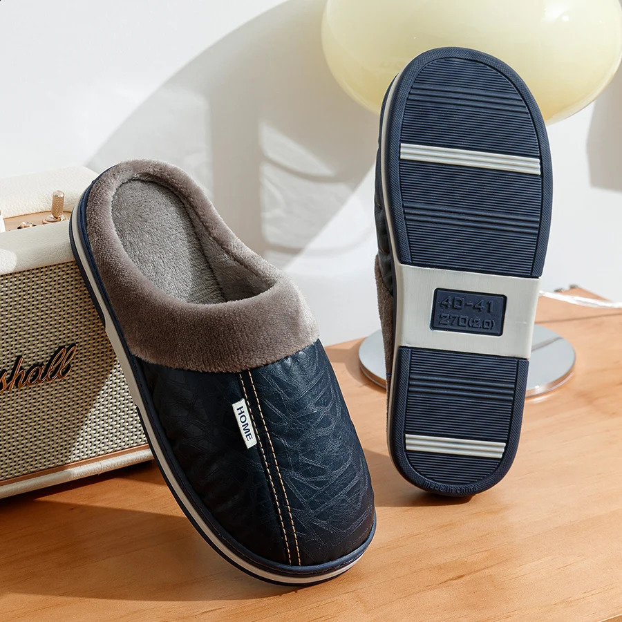 Big Size Mens slippers Winter Indoor Waterproof PU Leather Large Sizes Home Cotton shoes Fur Flat Cotton Bedroom Houseshoes250906