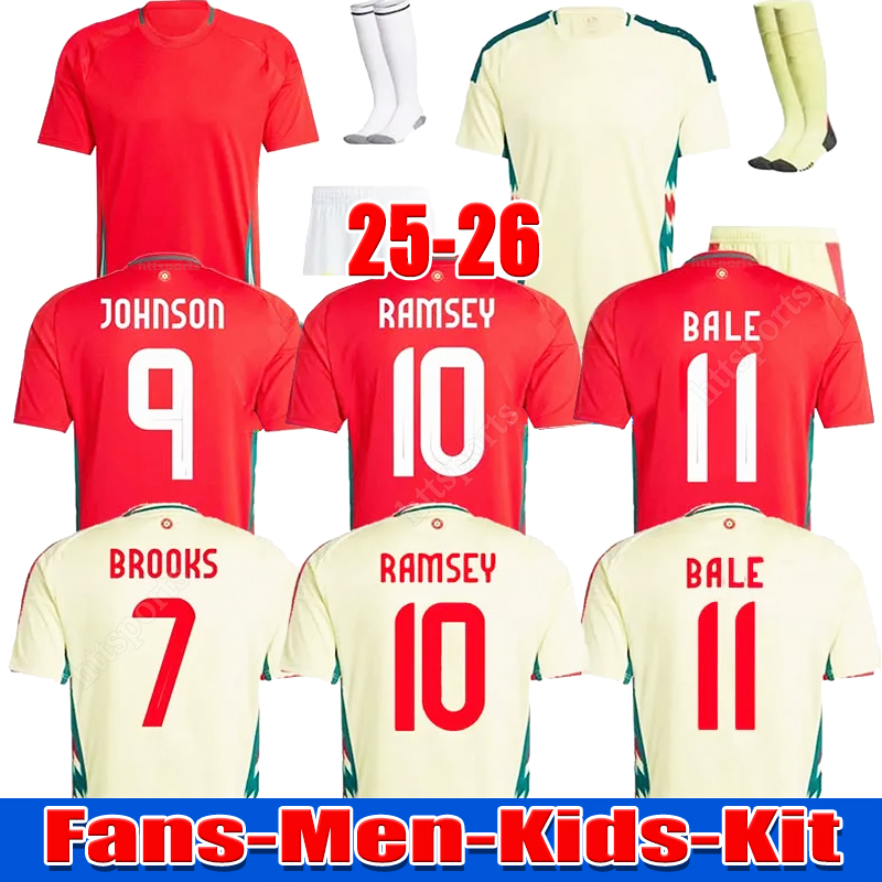 2025 2026 Wales soccer jerseys JAMES BALE 2025 Home Away Welsh football shirts JOHNSON N.WILLIAMS RODON T.ROBERTS CABANGO LEVITT MOORE THOMAS Men kids kit jersey