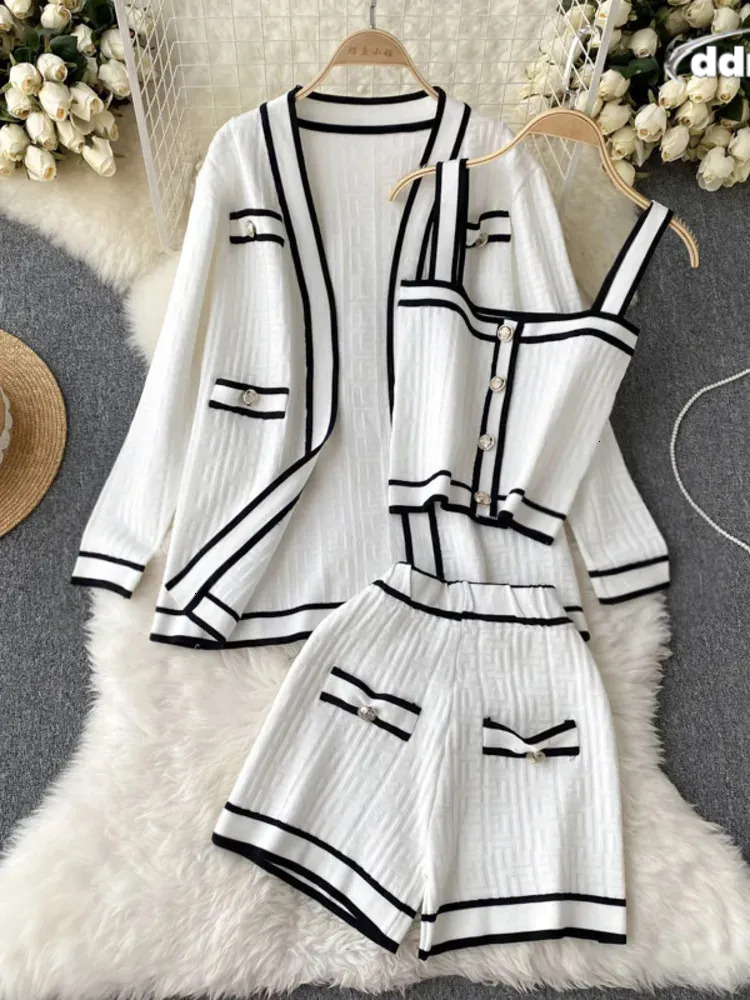 Casual Long Sleeve V Neck Cardigan Jacket Sling Vest Waist Shorts High Quality Chic Button Knitted Vintage 3 Piece Sets 250723 TUES