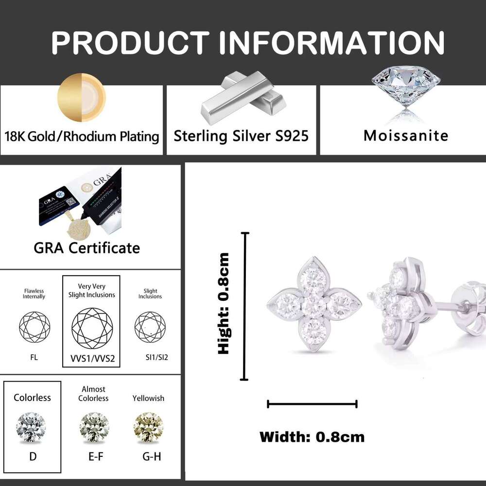 Trendy VVS1 D Moissanite Earrings S Sterling Sier Round Brilliant Cut Four Leaf Flower Stud Design Fashionable Gift