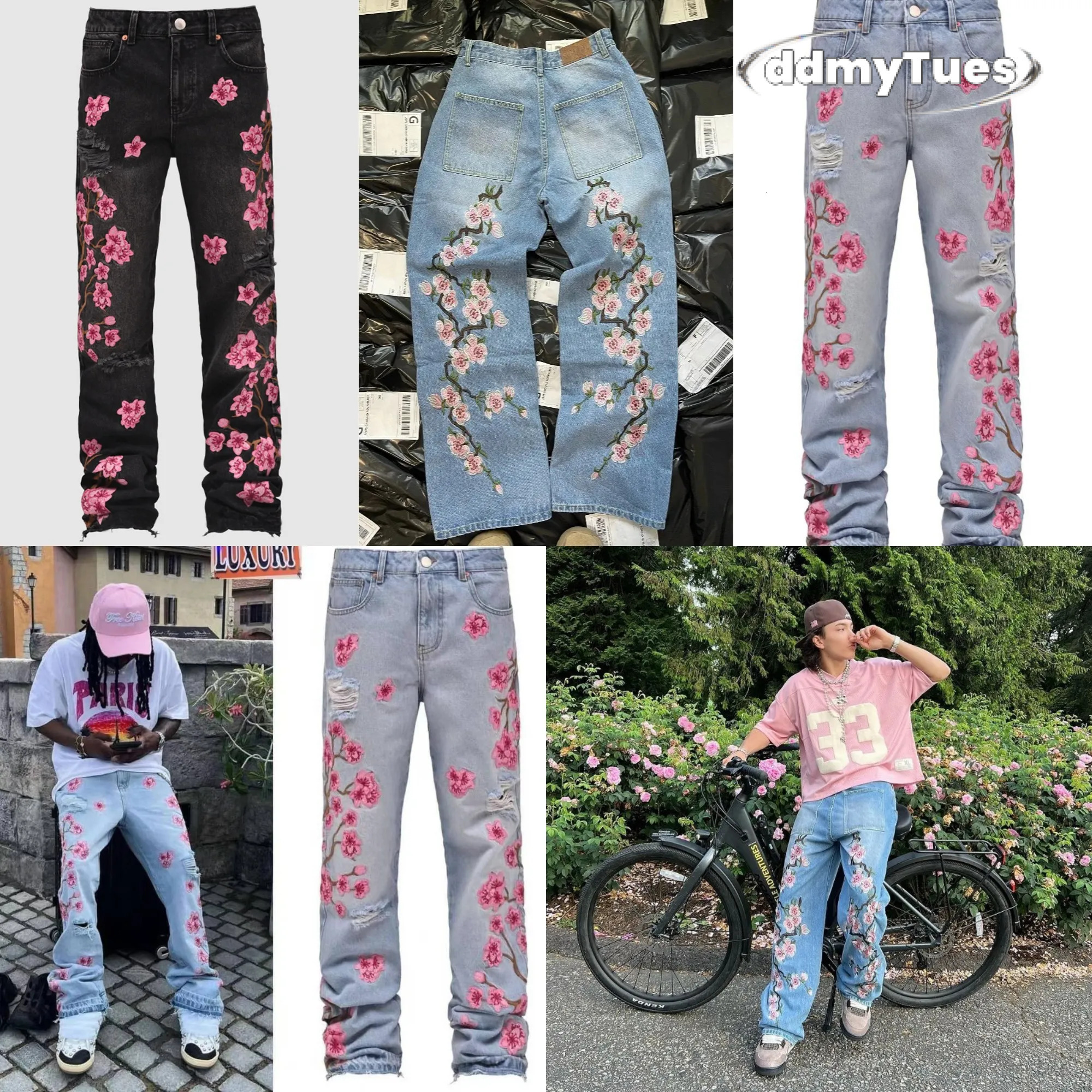 Men's Jeans Men Fashion Denim Pants Floral Embroidery Ripped With Pockets Casual Trousers Vintage Streetwear TUES
