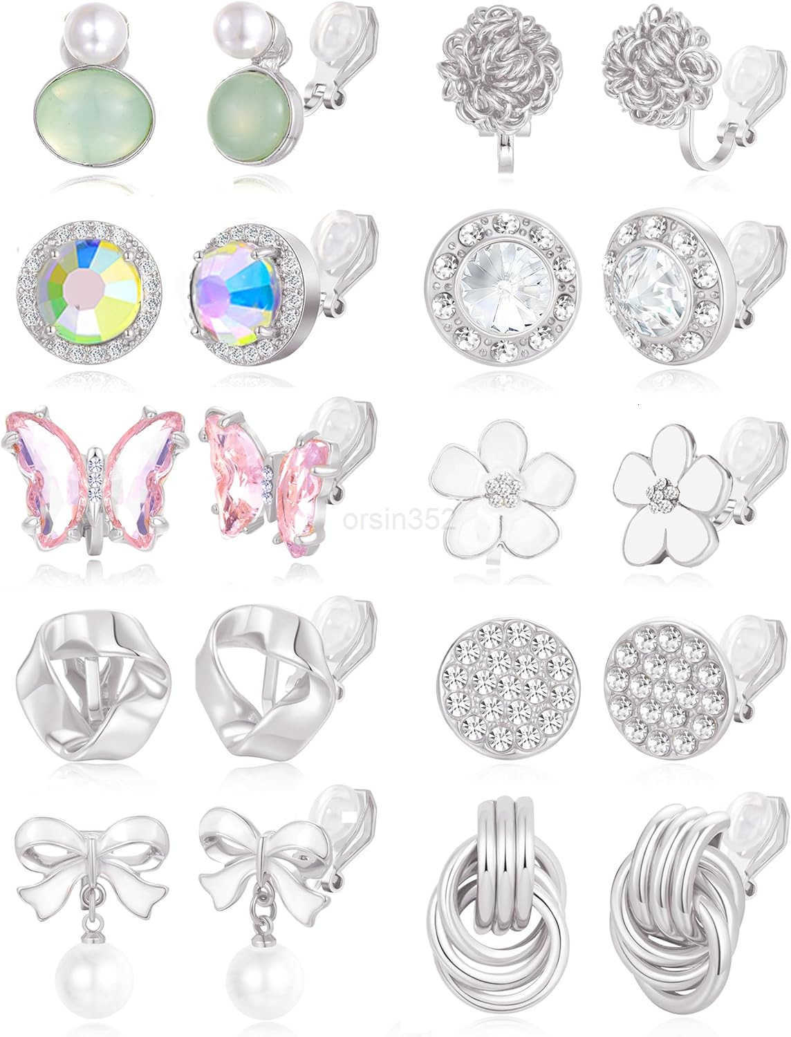 1015 Pairs Clip on Stud Earrings Non Pierced Teardrop Round Square CZ Pearl Twist Knot Flower Butterfly Heart Star Rainbow Cat Opal Clip on Earrings f