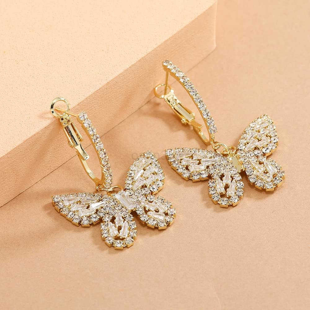 Butterfly Dangling Earrings Crystal Rhinestone CZ Drop Earrings For Women 14K GoldWhite Gold Plated Earrings Hypoallergenic Nickel Free Cute Charms Da