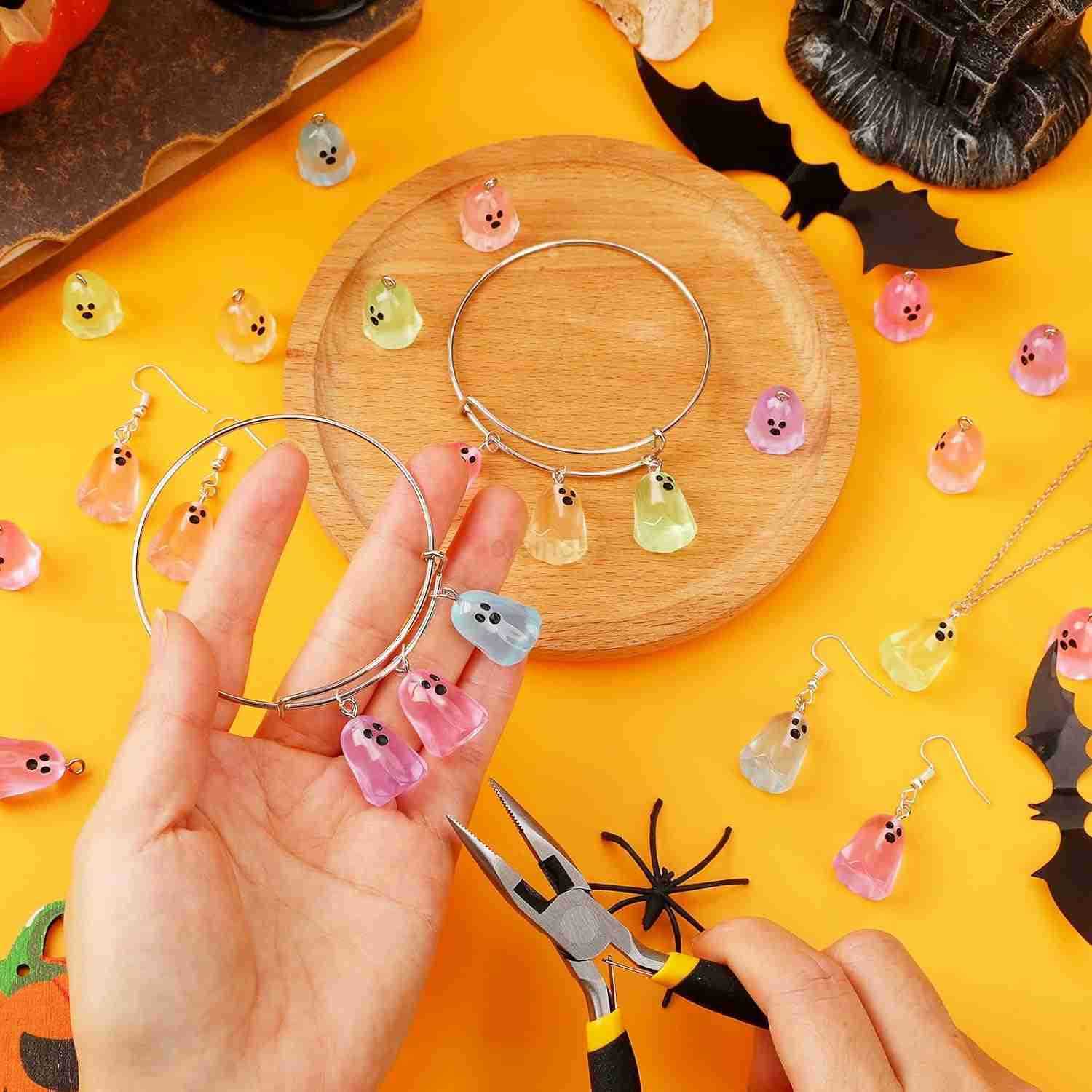 64 Pcs Halloween Ghost Charms Resin Ghost Charms Luminous Ghost Beads Halloween Pendant Bulk Glow in The Dark Ornament for DIY Necklace Earrings JeweW