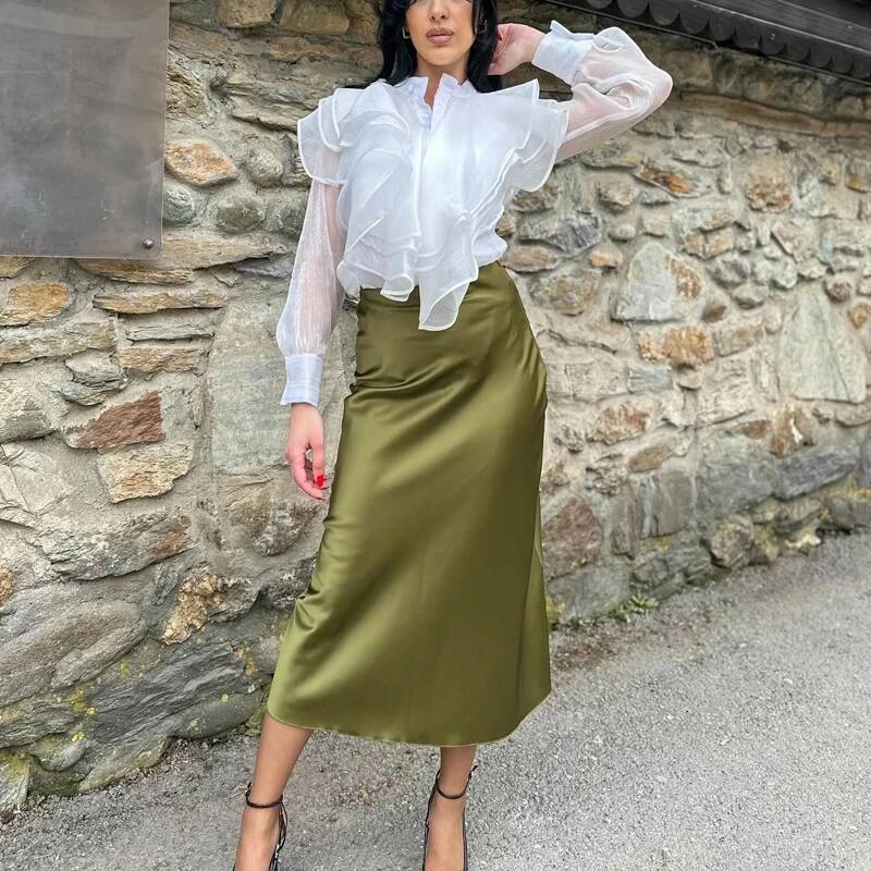 HAXO Women's Summer Elegant Satin Stylish Lady High Waist Skirts Cylinder Green Black Skirt Woman Office Street Wear dongdumaoyi