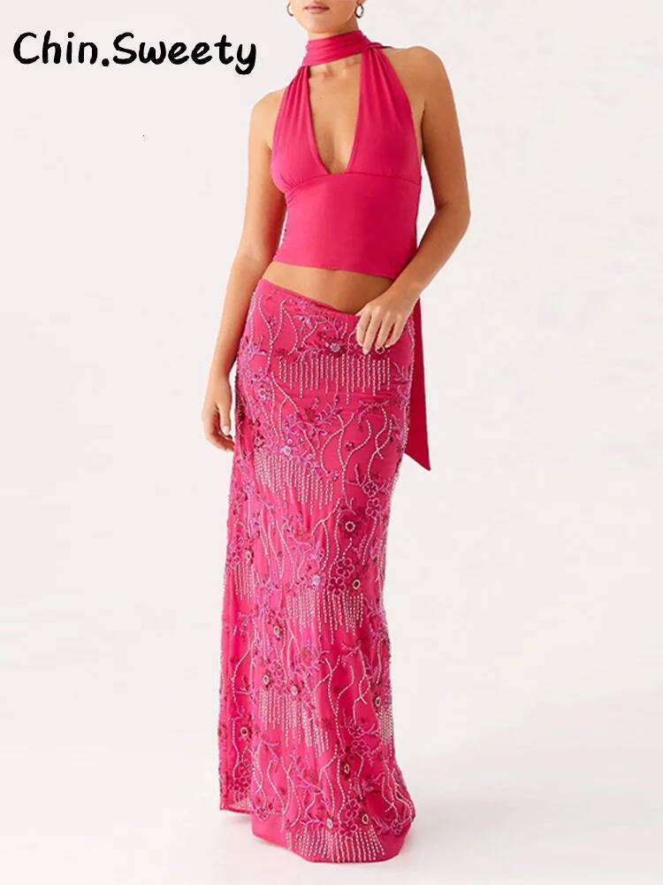 Sexy Beading Sequined Long Skirt Women Solid Low Waist Slim Straight Skirts Female 2025 Summer Lady Chic Beach Vacation Clothes dongdumaoyi