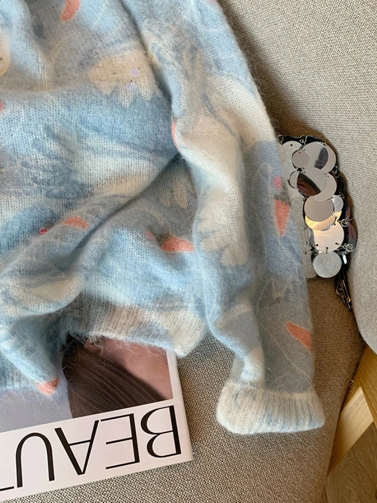 Blue Sequined Beaded Mohair Womens Autumn and Winter Gentle Lazy Wind Soft Waxy Tiedyed Knitted Sweater 250911