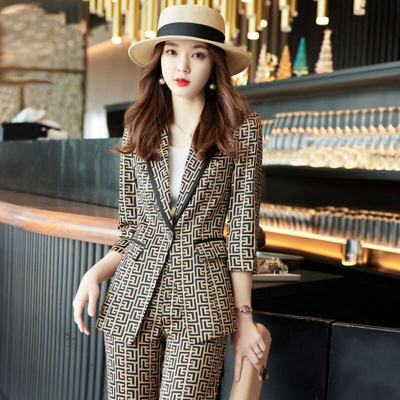 Plaid Casual Women's Suit One Button Blazer And Straight Leg Trouser Pants Sets 2 Piece for Office Lady Chic Women Business Set