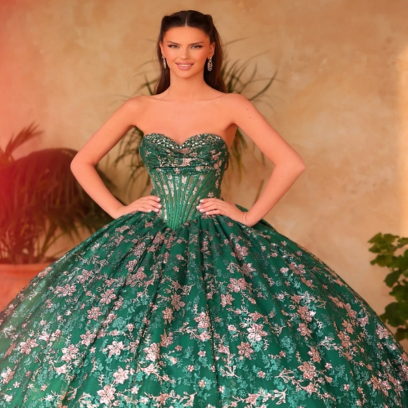 Green Shiny Quinceanera Dresses Ball Gown Off The Shoulder Applique Beads Tull Bow Party Birthday Sweet 16 Dress Vestidos 15 De Anos