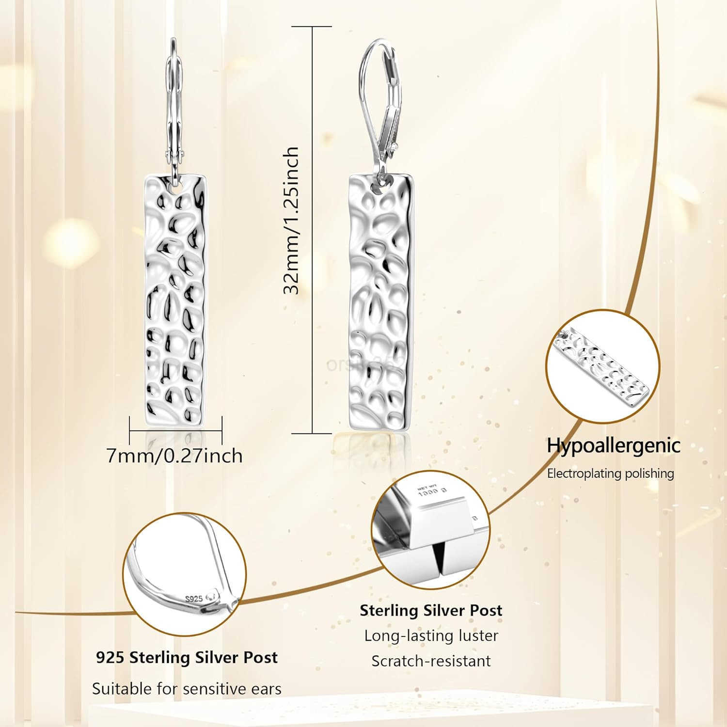 925 Sterling Silver Dangle Earrings for Women 14K Gold Plated French Leverback Earrings Hypoallergenic Lightweight Statement Hammer Square Bar Long Dr