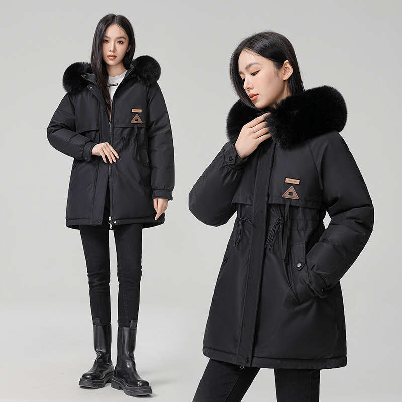 New Women's Korean Version Versatile Mid-Length Jacket Winter Fleece Cotton Coat with Large Fur Collar