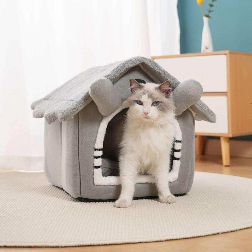 designer brand PC Gray Detachable Cat House Semi Enclosed Four Season Universal Nest Small Shelter Washable Pet Supplies
