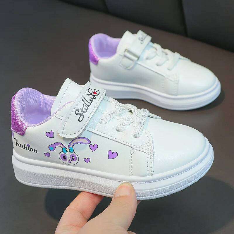 Girls' White Spring Children Anti-skid Leather Solid Soles Children's Shallow Mouth Sport Shoes Size 26-37