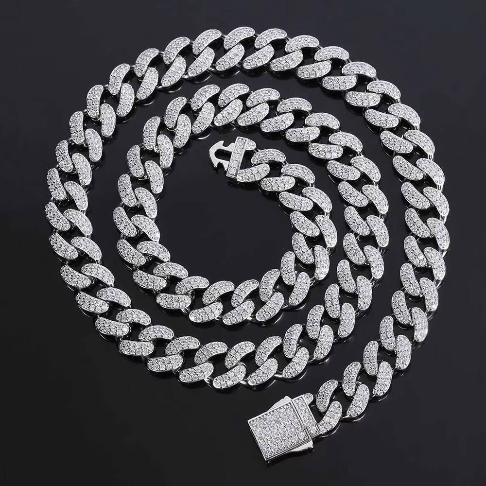 Hip Hop 12mm TwoRow Diamond Cuban Link Necklace White Gold Plated Brass Iced Out CZ Miami Cuban Chain Fine Jewelry for Women