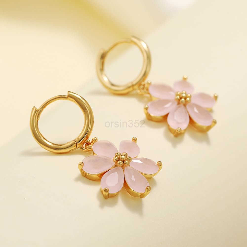 Dainty White Crystal Flower Dangle Small Hoop Earrings for Women Cute Bohemian Floral Blossom Charm Dangling Lightweight Cartilage Huggie Hoops Drop E
