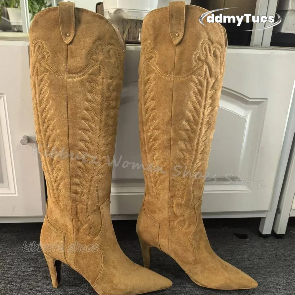 Totem Cowboy Knee High Boots Vintage Concise Elegant Fashion Slip-On Pointed Toe Thin Heels Women Shoes New Solid Color TUES