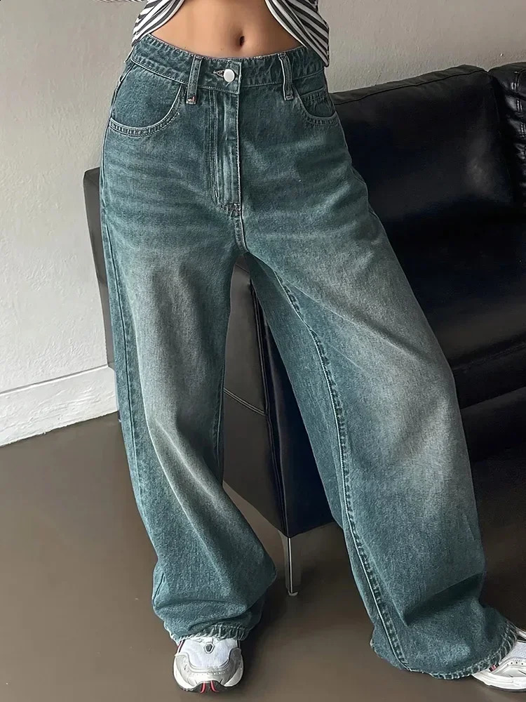 Female Stretchy Wide Leg Hip Hop Y2K Streetwear Denim Pants Vintage Fashion High Waist Jeans Lady Straight Casual Trousers 250911