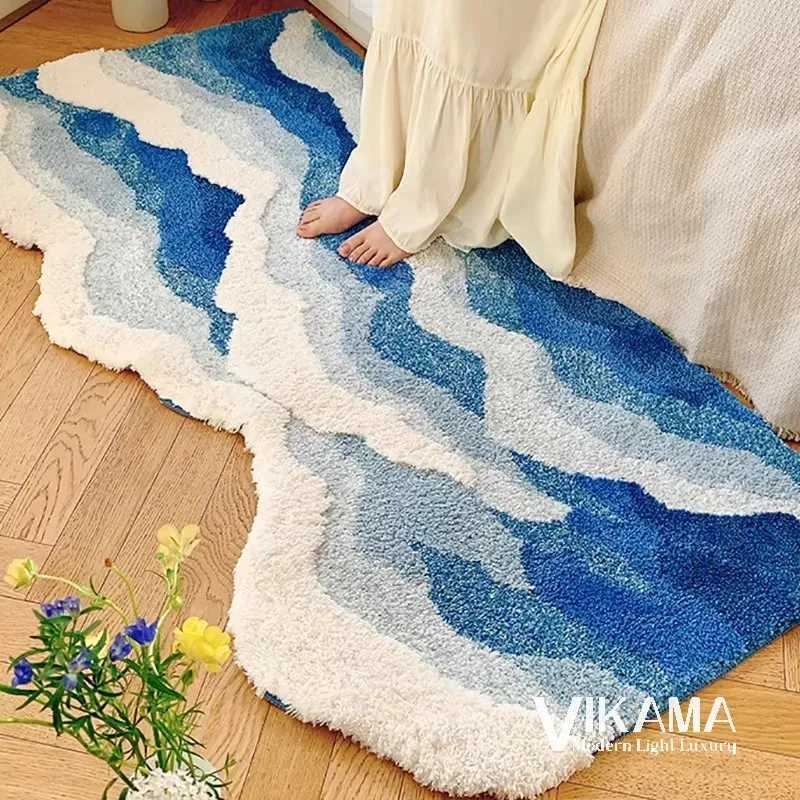 VIKAMA Aesthetic Light Luxury Carpet Wave Blue Ocean Home Decoration Childrens Room Bedside Comfortable Soft Plush Floor Mat C250912