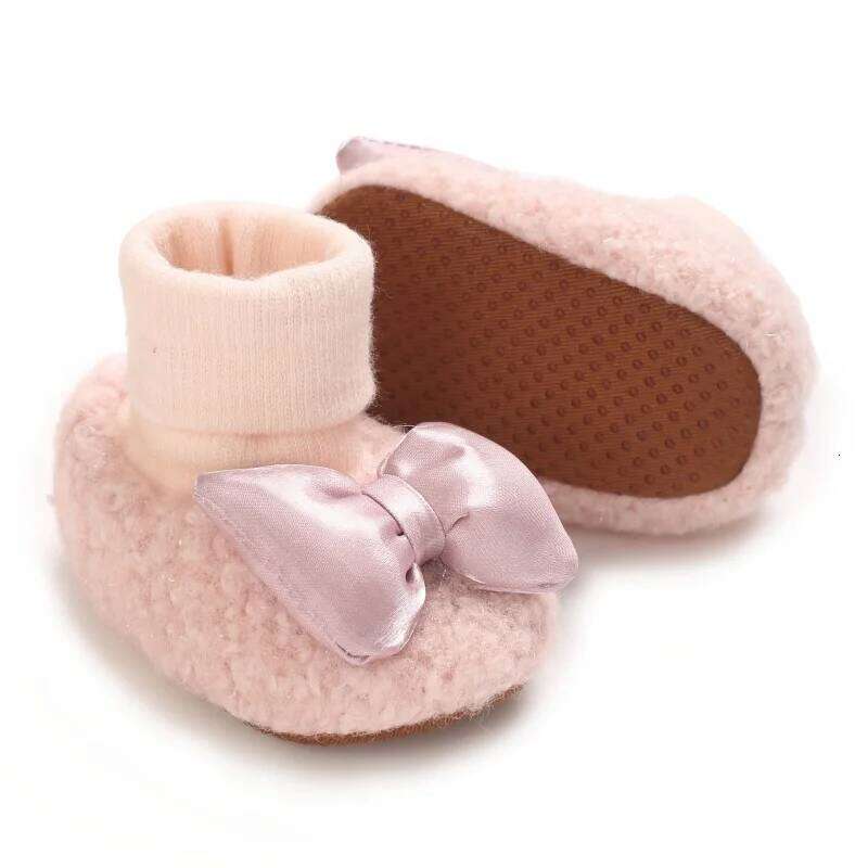 Winter Bow Design Cute Baby Shoes Set for 0-18 Months Girls Cotton Soft Bottom Warm Integrated Socks Female Footwear