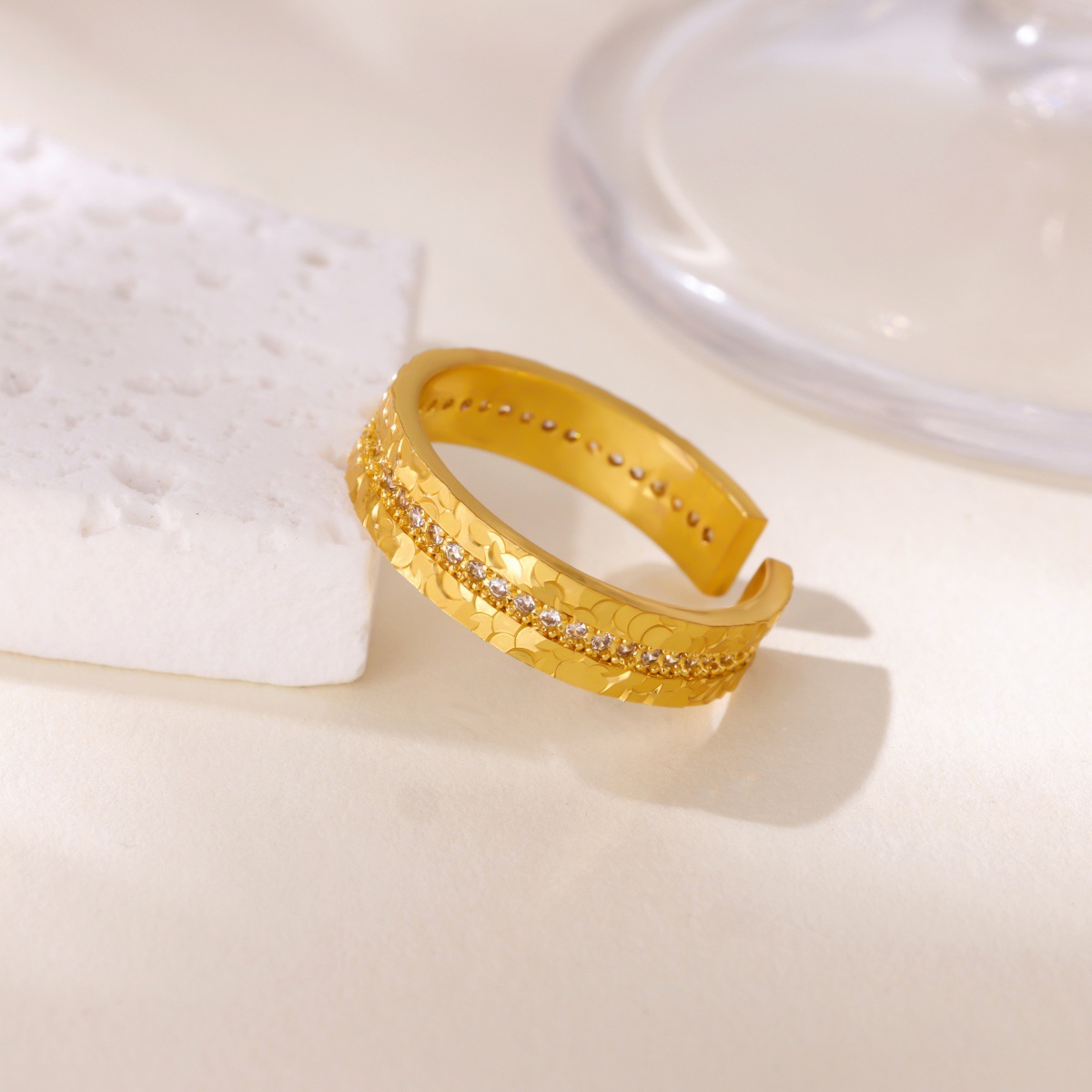 Stylish Crushed Ice Effect 18-Karat Golden Broadband with Sparkling Cubic Zircons Perfect Match Jewelry Set