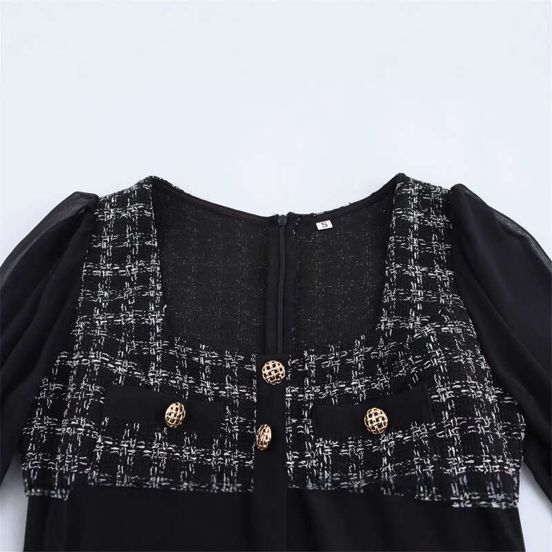 DHEssentials Spring New Women's Dress Slim Fit Casual Tweed Chanel Style Square Neck