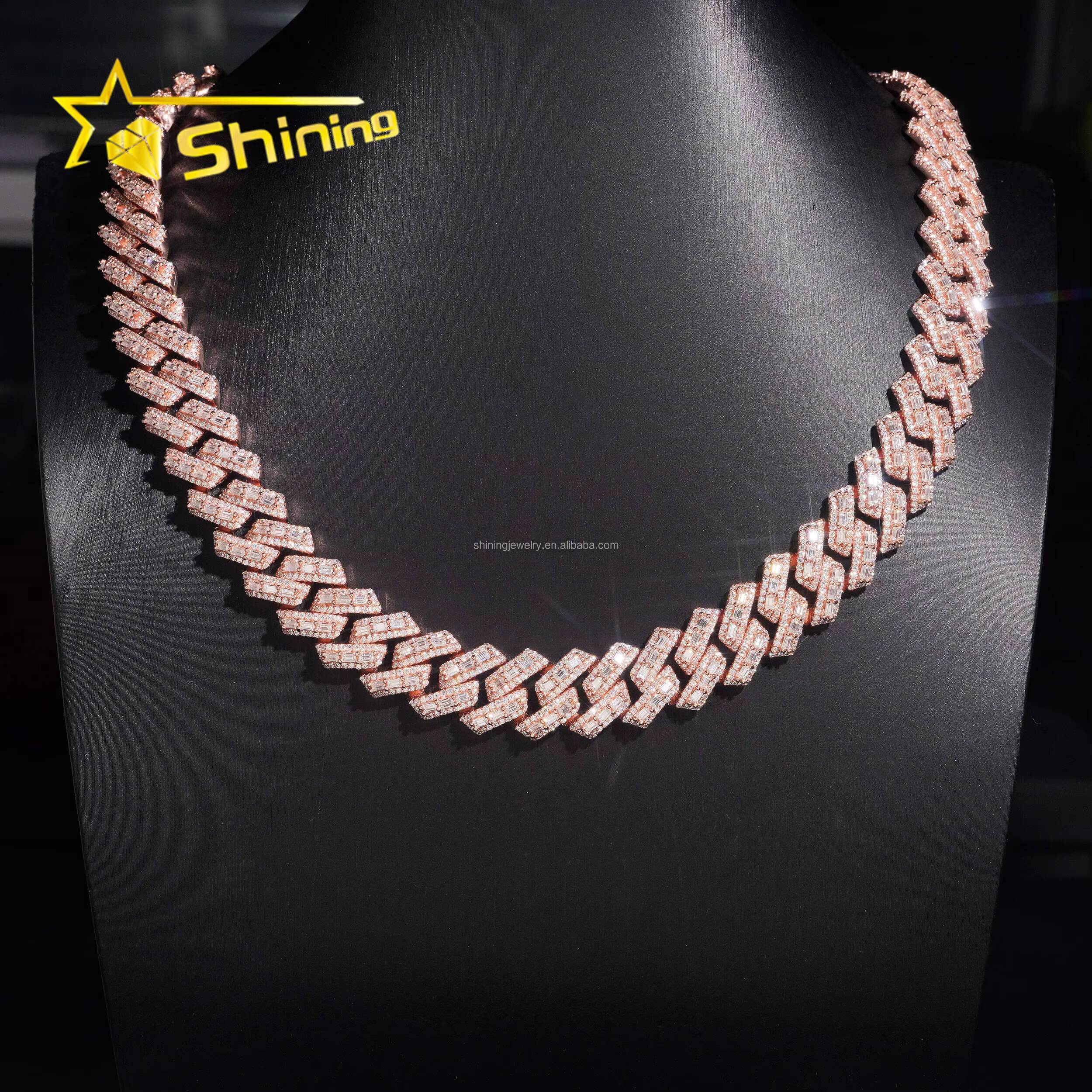 Customized 16mm Width 3Rows Prong Setting Luxury GRA Certificate S925 Iced Out VVS Baguette Moissanite Miami Cuban Link Chain