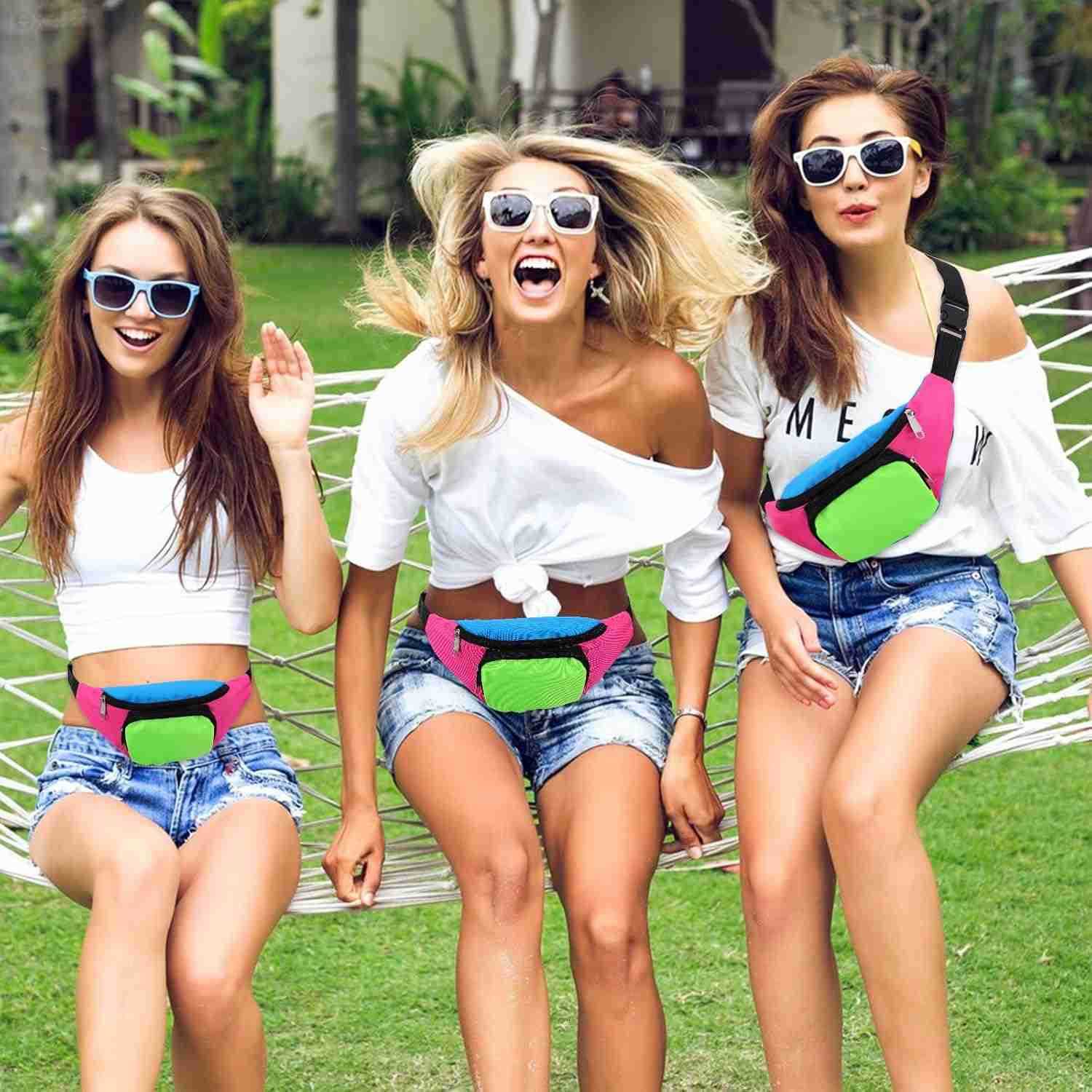 80s Neon Rave Fanny Pack with 2 Pockets Retro Belt Bag Waist Packs for Women Men Color blocked 80s Accessories Plus Size Belt Bag for Jogging Travelin