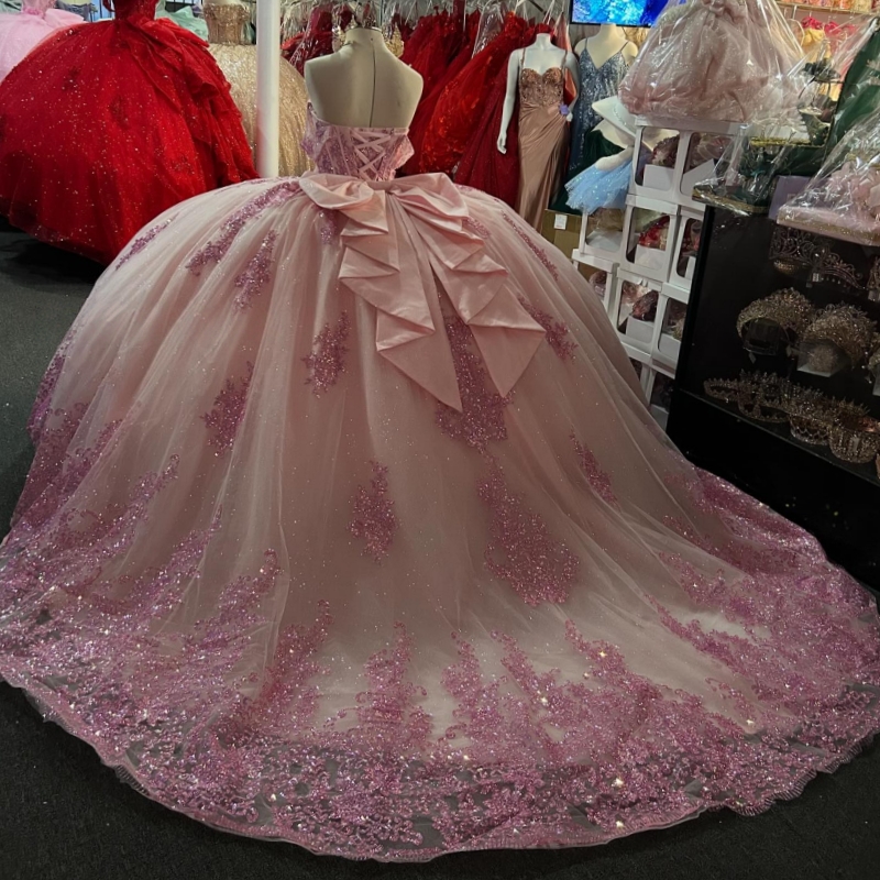 Pink Shiny Ball Gown Quinceanera Dresses Off Shoulder Sequin Applique Lace Beads Bow Tull Party Birthday Sweet 16 Dress Vestidos 15 De Anos