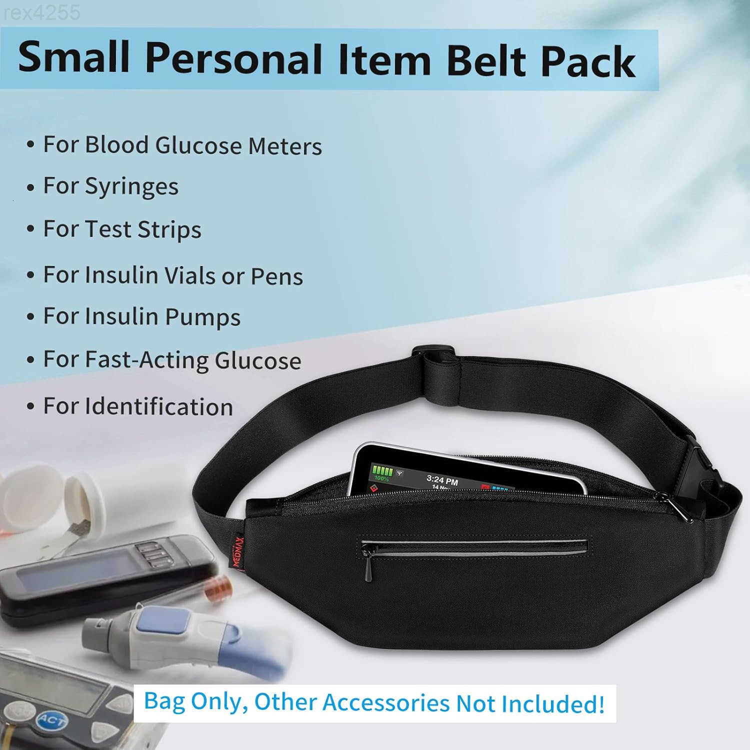 Running Belt with Adjustable Waist Insulin Pump Belt Holder Organizer Waist Pouch Epipen Medical Fanny Pack Bag Bag Only BlackW250912