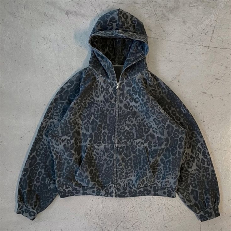 Y2K Rock Punk Womens Leopard Print Hoodie Unisex Chic Loose Zip Cardigan Sweatshirt Gothic Harajuku Retro Aesthetic Streetwear 250911