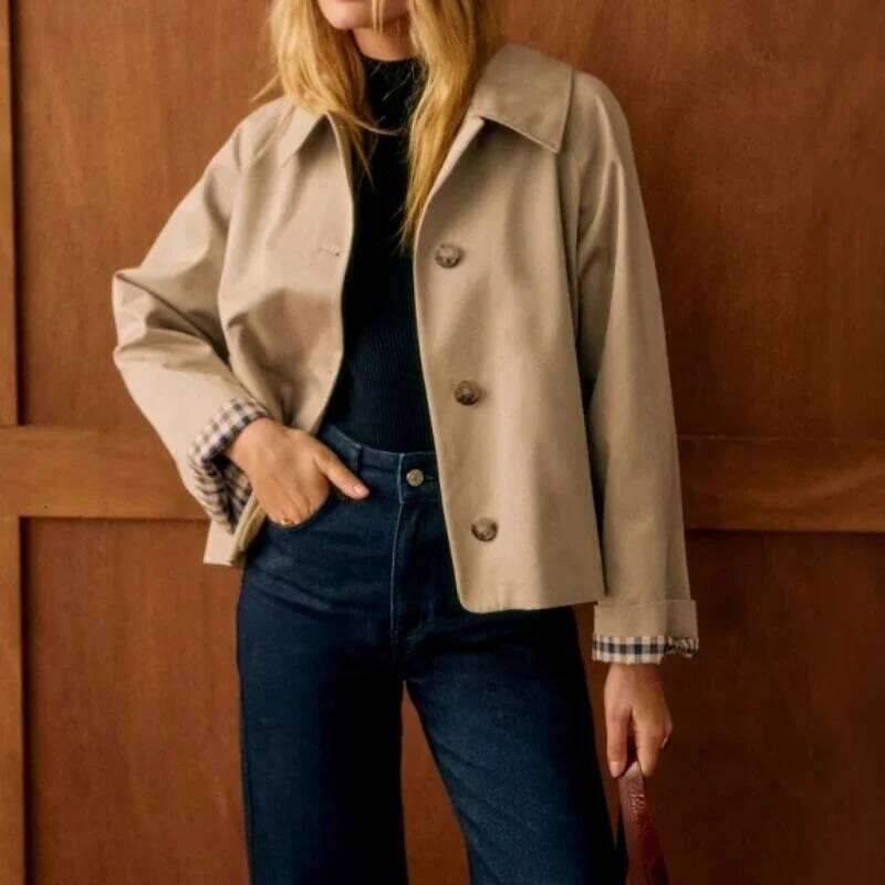 Women 2025 Spring And Summer New Loose Single-Breasted Lapel Short Trench Coat Plaid Inner Contrast Jacket