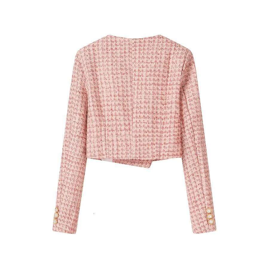 DHEssentials 2025 Spring New French Style Gentle Plaid Double-Breasted Square Collar Long Sleeve Short Coat