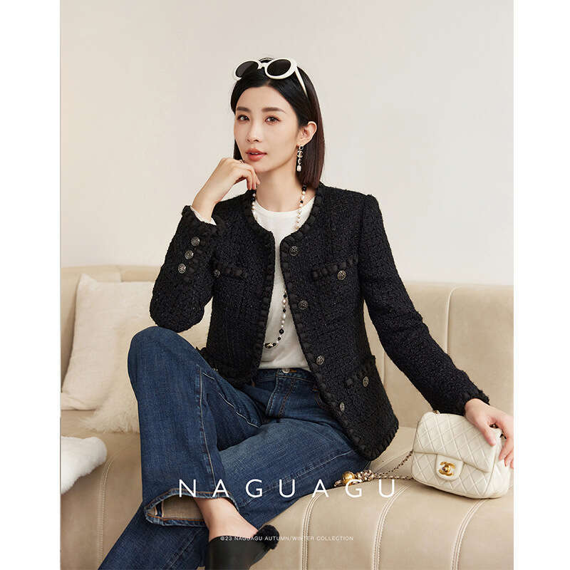DHEssentials Wool Black Tweed Jacket Autumn Winter Thickened Warm Old Money Short Versatile Little Chanel Style Coat