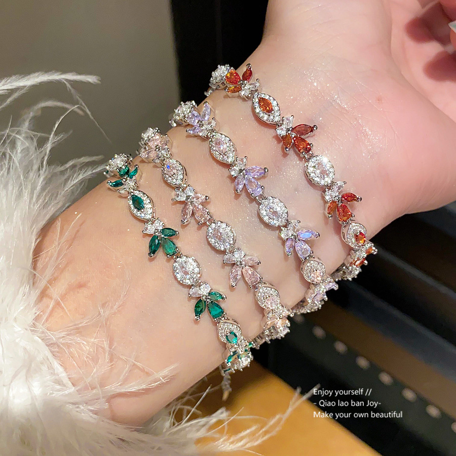Silver - Toned Bracelet With Green Gemstone Leaf Accents And Rhinestone Details Delicate Daily & Elegant Jewelry Gift For Her Dainty And Stylish Acces