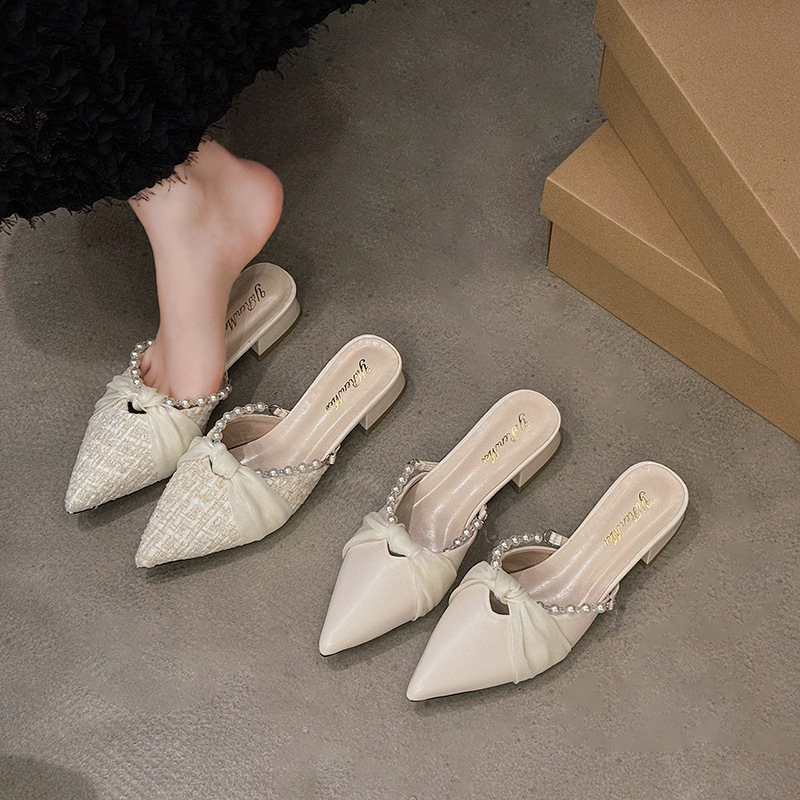 Luxury Sandals 2025 New Pearl-Embellished Mules for Women - Elegant Open-Back Low Heel Sandals with Slip-On Design, Chunky Toe Shape Summer Casual Sho