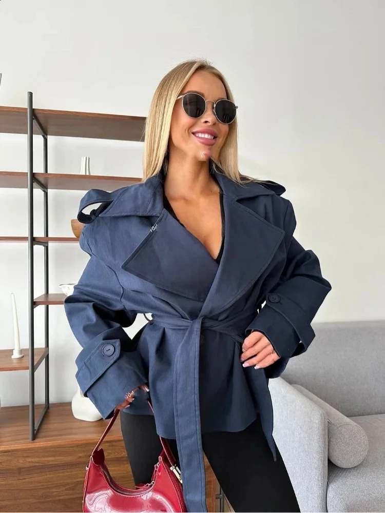 Women Lace Up Lapel Short Trench Coat Fashion Solid Waist Cinching Long Sleeve Windbreaker Chic Autumn Lady Outwear 250911