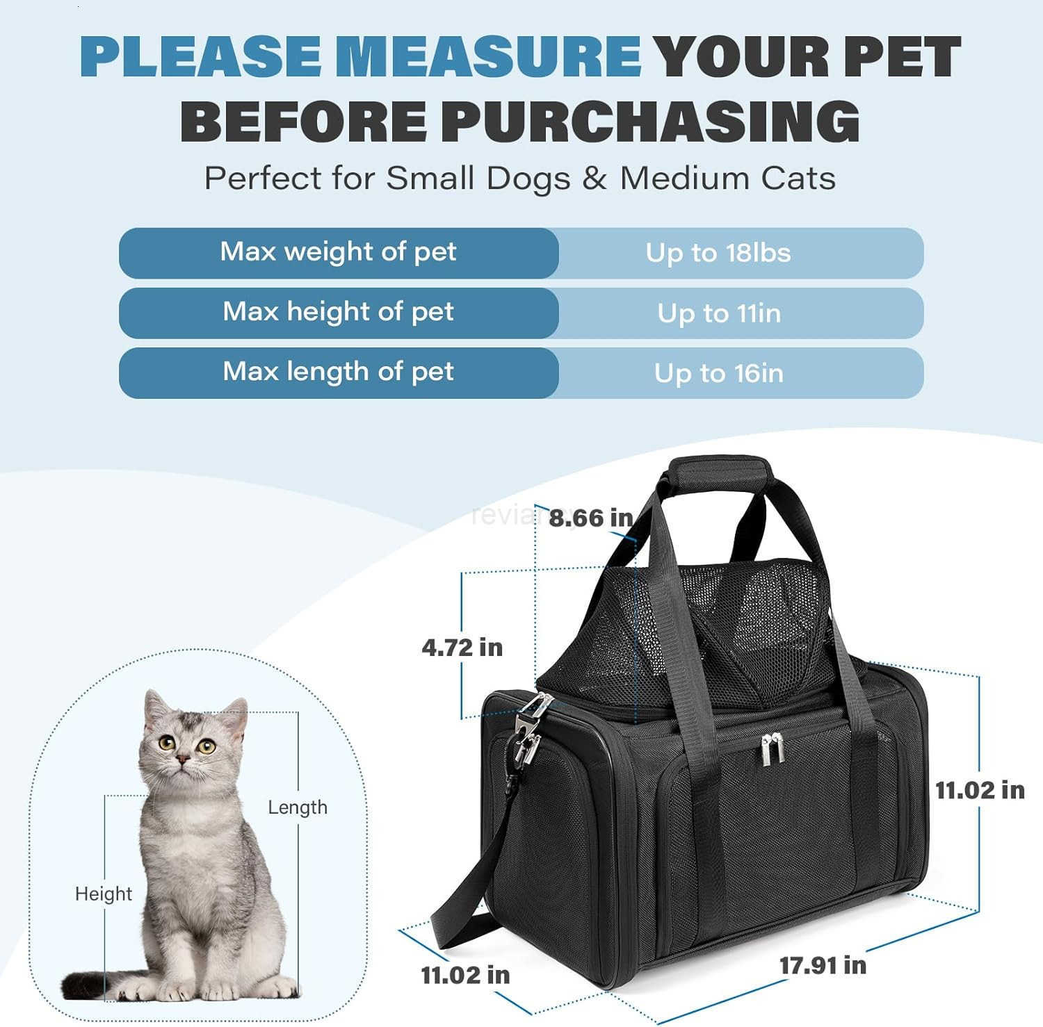 18 Lbs Cat Carrier with TopExpandable Space Pocket 3 Opening for Small Dog Soft Side Airline Approved Pet Carrier Easy Clean 3 Ventilated Mesh Foldabl