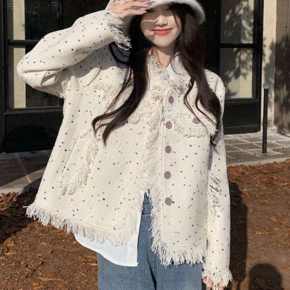 DHEssentials 2024 Season New Small Fragrance Style Women's Jacket Autumn Design Colorful Polka Dot Tassel Loose High-end Long Sleeve Top