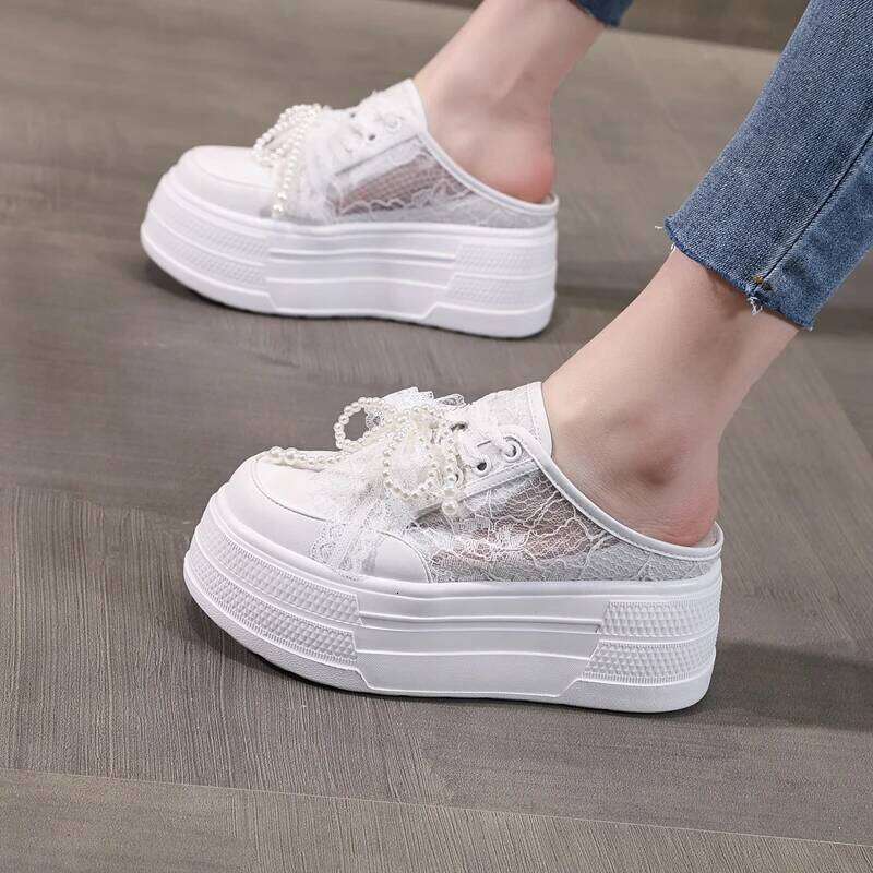 AUTUSPIN 8Cm Women Slippers Lace Shoes 2025 Summer Spring Pearls Beads Decoration Slides Loafers High Wedges Platform Mules Heel