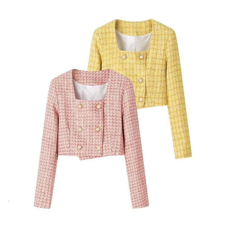 DHEssentials 2025 Spring New French Style Gentle Plaid Double-Breasted Square Collar Long Sleeve Short Coat