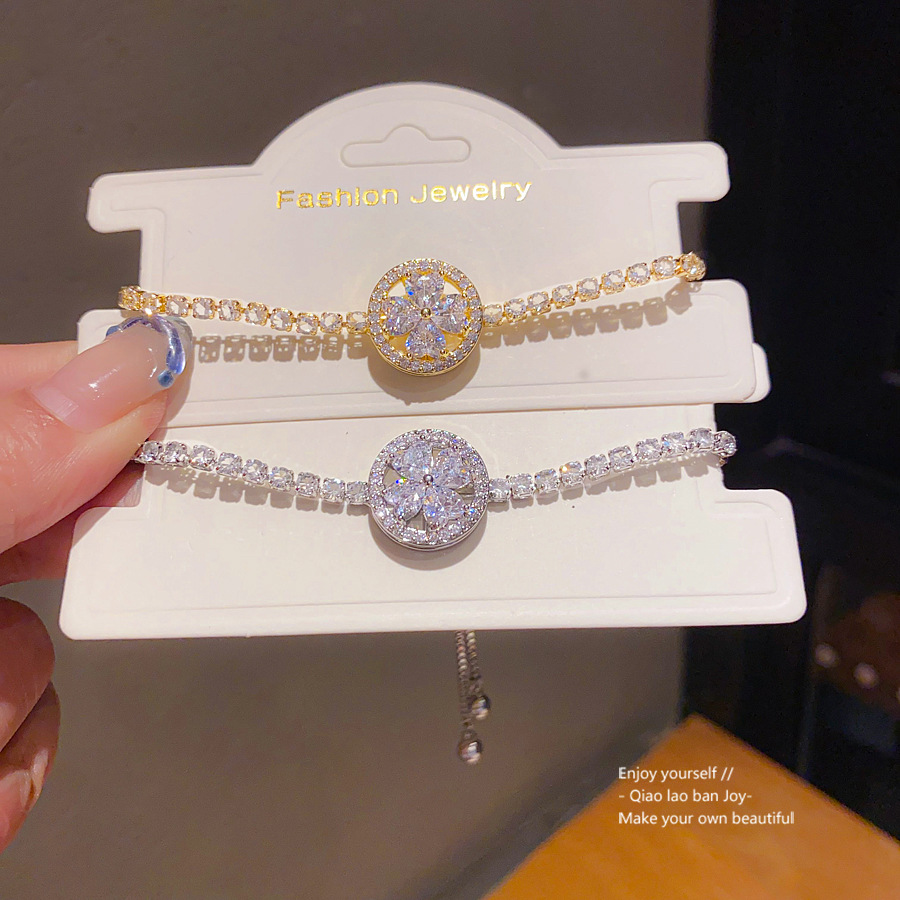 Silver - Toned Bracelet With Circular Crystal Cluster And Rhinestone Chain Delicate Daily & Luxe Jewelry Gift For Her Sophisticated And Sparkling Acce