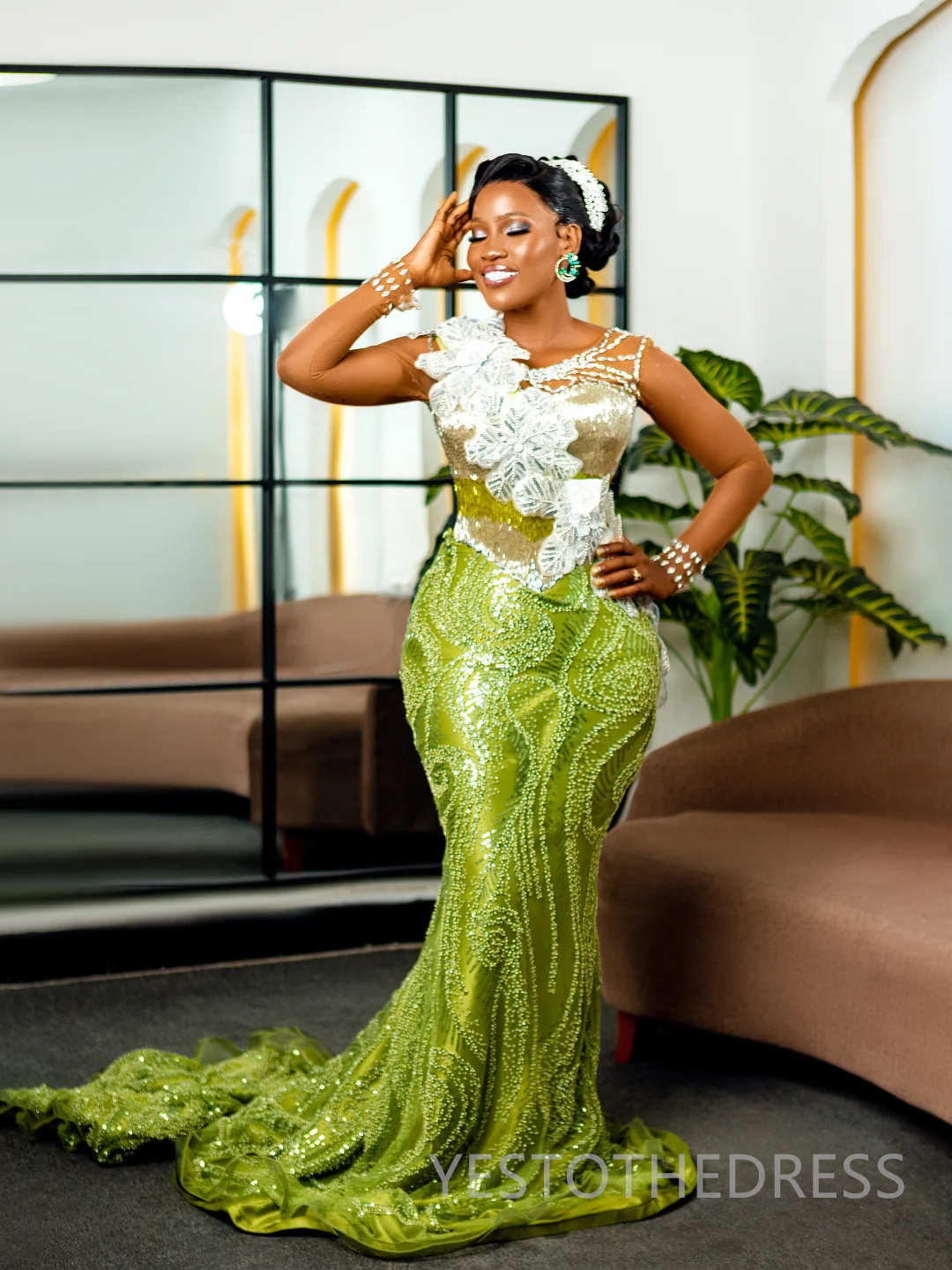 2025 Mermaid Aso Ebi Green Prom Dresses For Black Women Detachable Train Formal Gowns Beaded Lace Sheer Neck Flora Birthday Second Reception Gown AM28