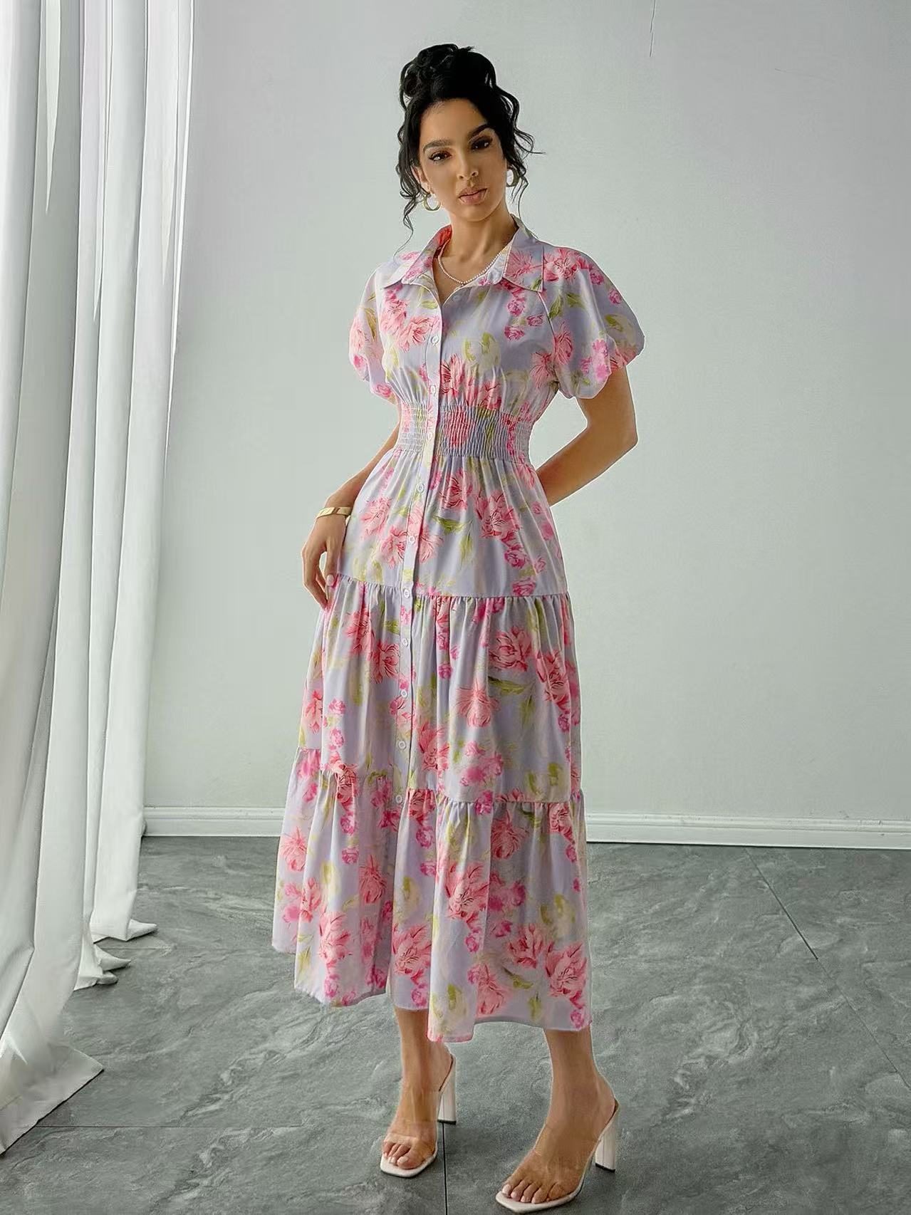 X951New Australian design positioning printing POL collar A-line temperament dress long skirt