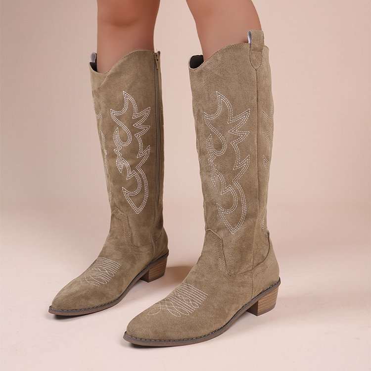 Women Cowboy Boots Fashion Square Low Heel Ladies Elegant Slip On Long Booties Winter Pointed Toe Women's Footwear 5ed3
