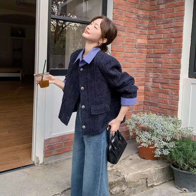 DHEssentials Korean Style Gentle Fake Two-Piece Chanel-Style Coat 2025 Autumn New Single-Breasted Slimming Elegant Top for Women