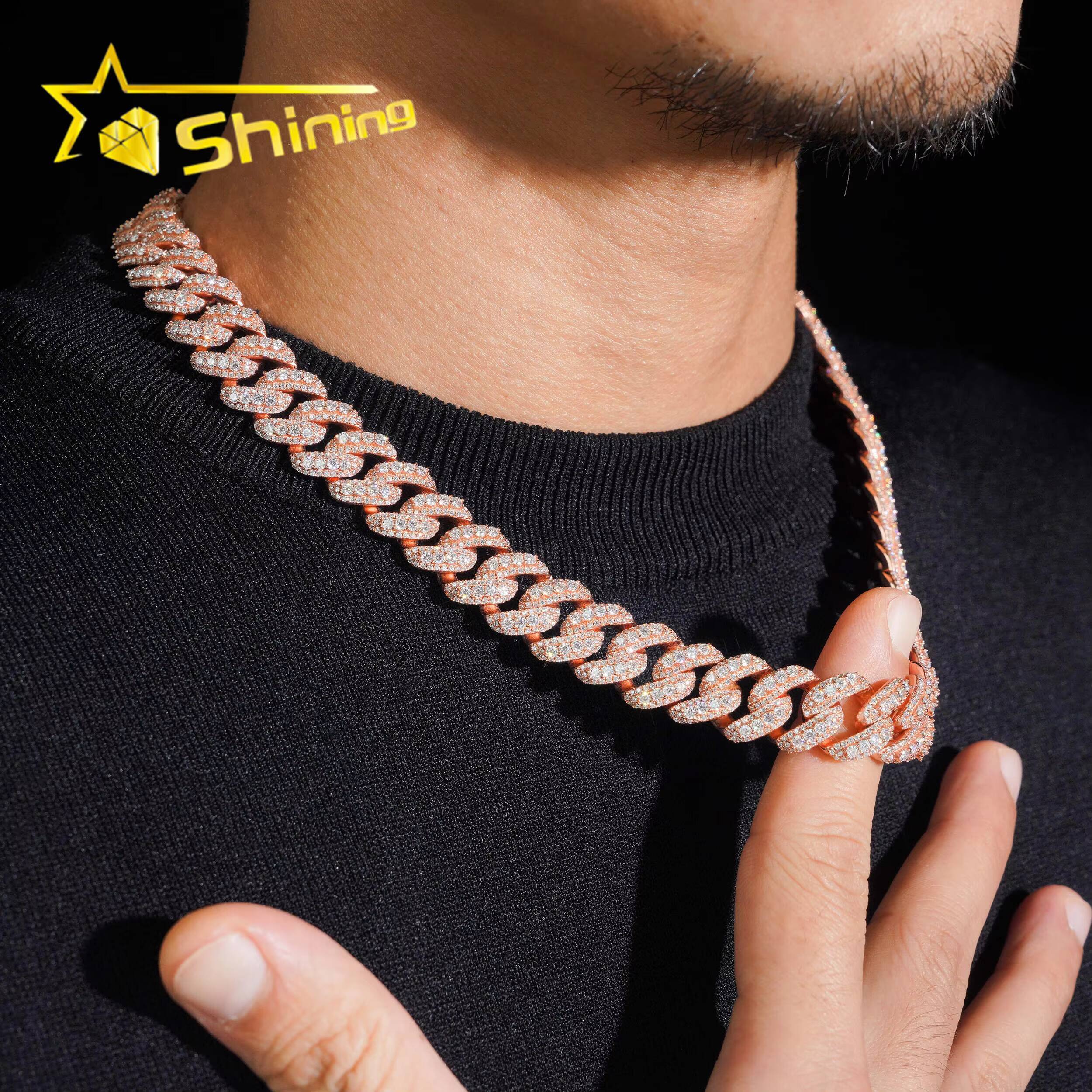 Hot Selling 15mm Width Moon Shape 925 Silver Cuban Chain Moissanite Hip Hop Jewelry Custom Moissanite Cuban Link for Men